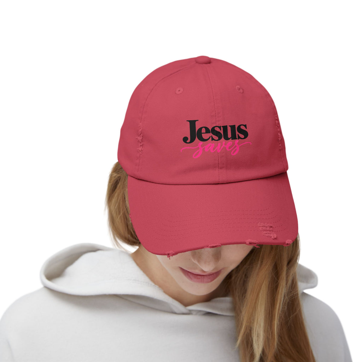 Jesus Saves Distressed Cap — Christian Baseball Hat with Pink Script