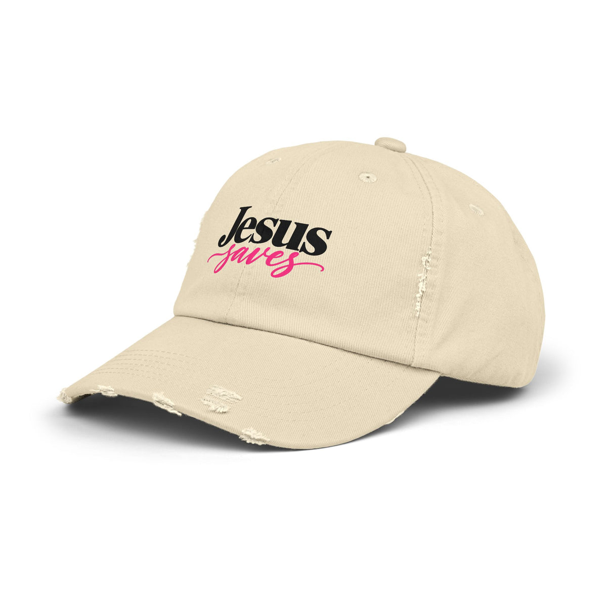 Jesus Saves Distressed Cap — Christian Baseball Hat with Pink Script