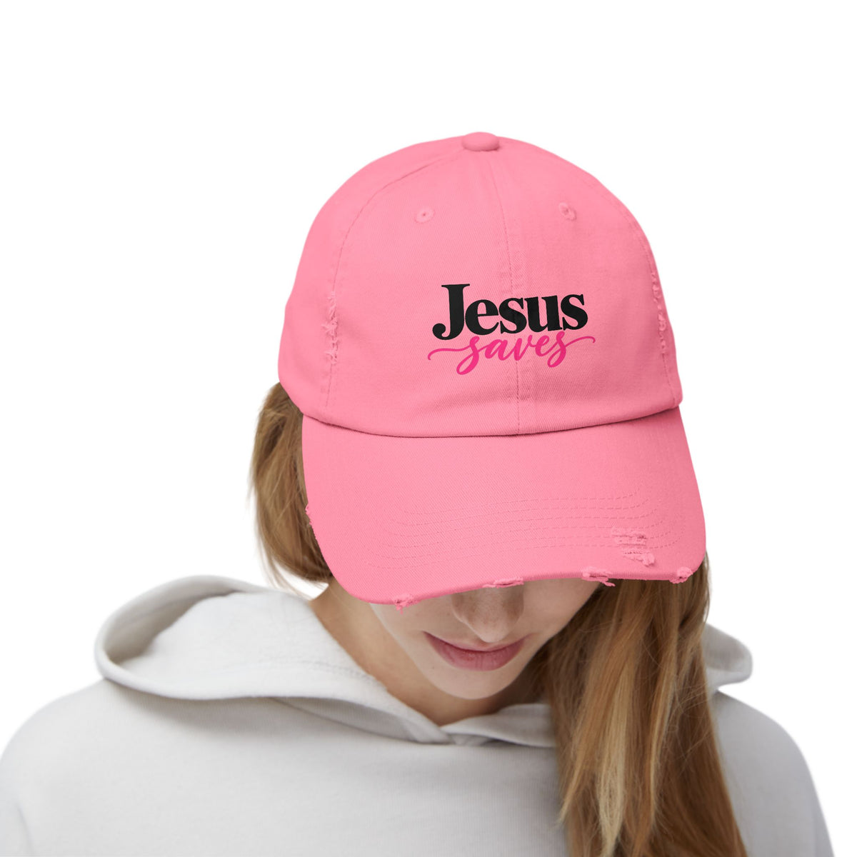 Jesus Saves Distressed Cap — Christian Baseball Hat with Pink Script