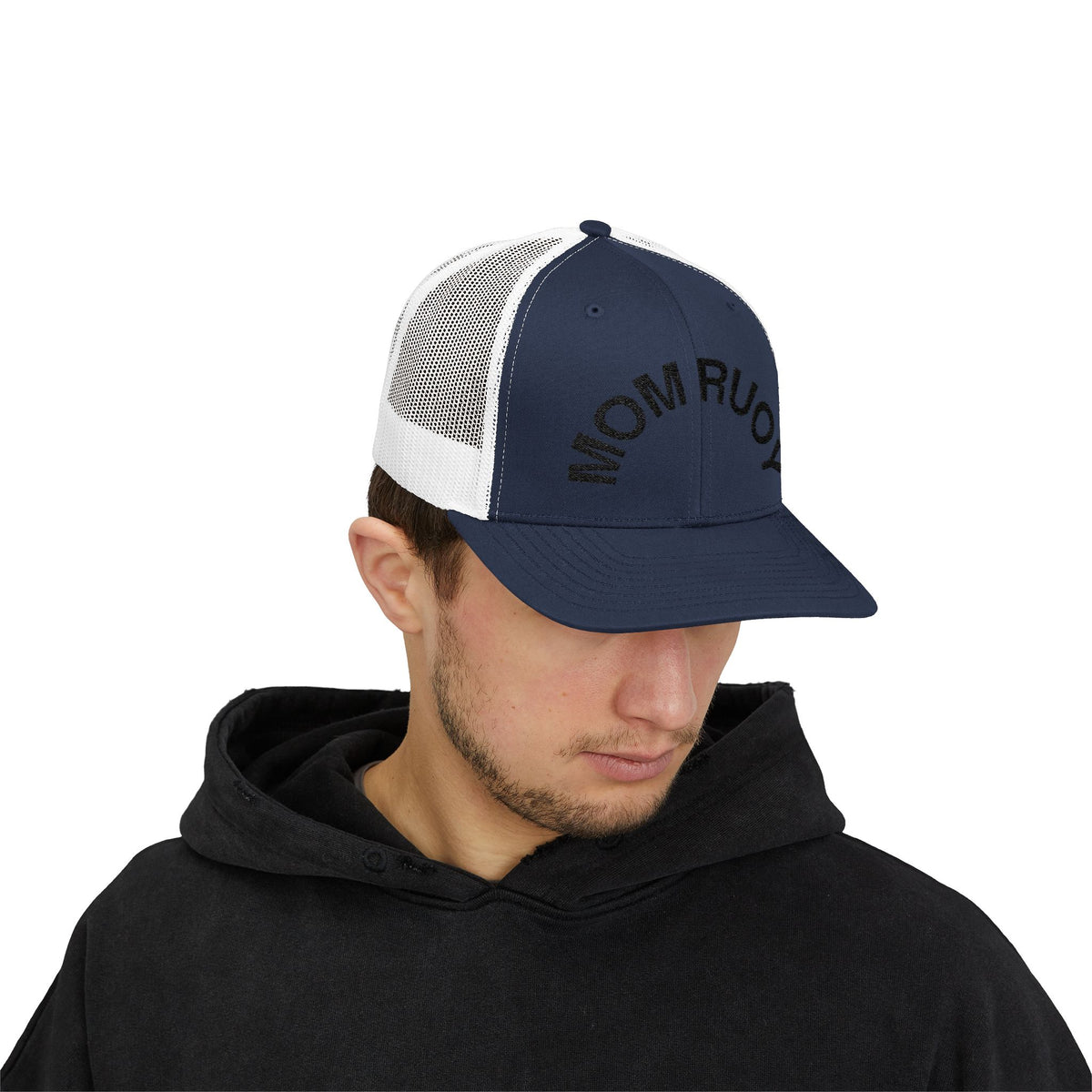 Mom Ruoy Snapback Trucker Cap — Rustic Mom Hat with Curved Text
