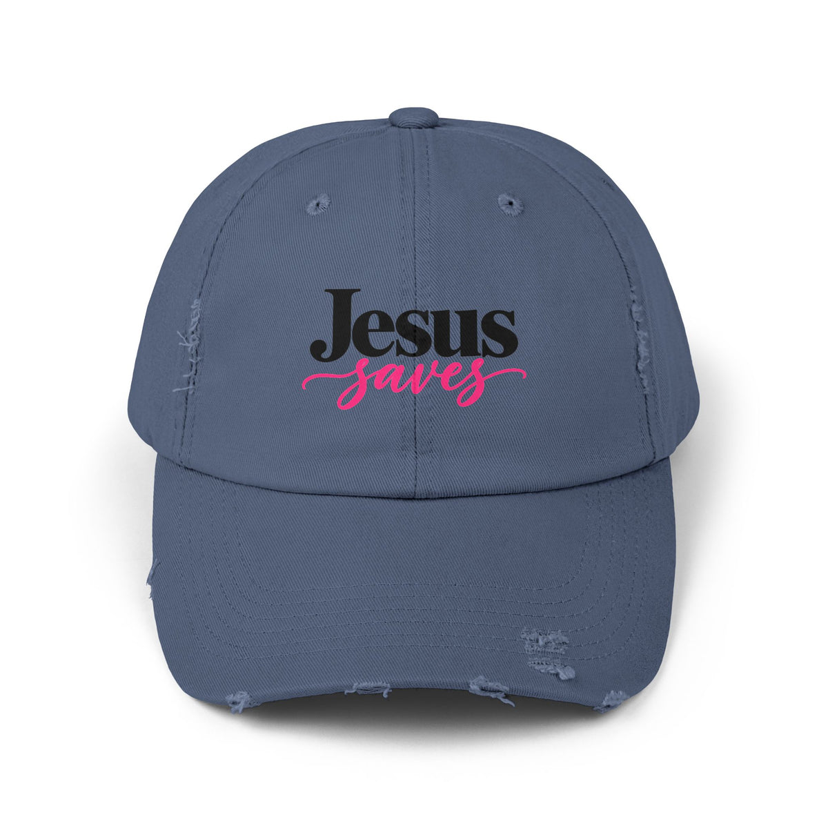Jesus Saves Distressed Cap — Christian Baseball Hat with Pink Script