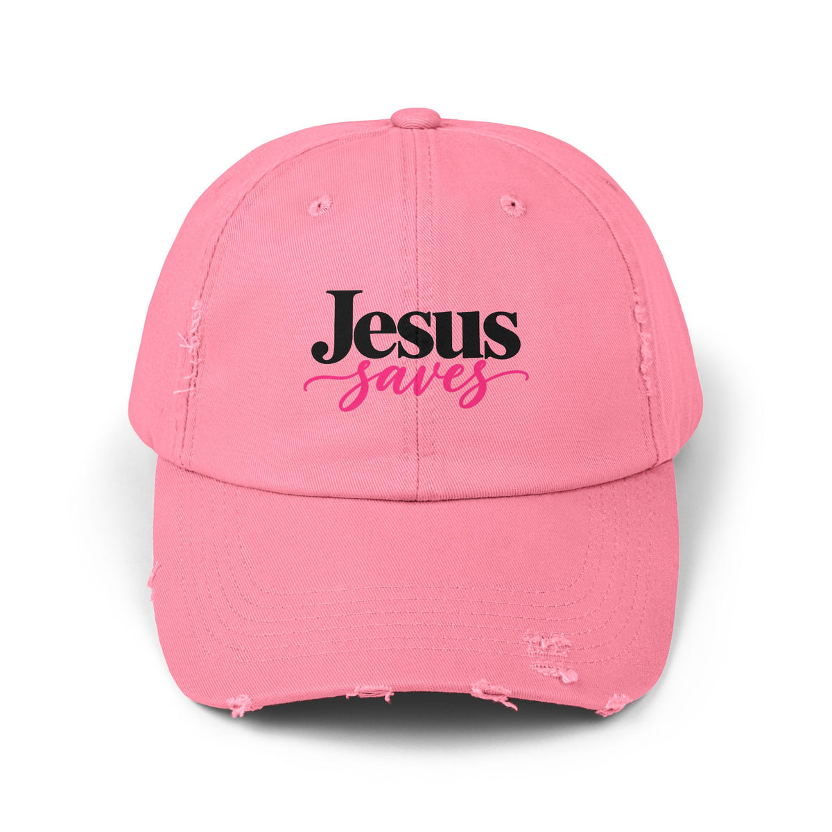 Jesus Saves Distressed Cap — Christian Baseball Hat with Pink Script