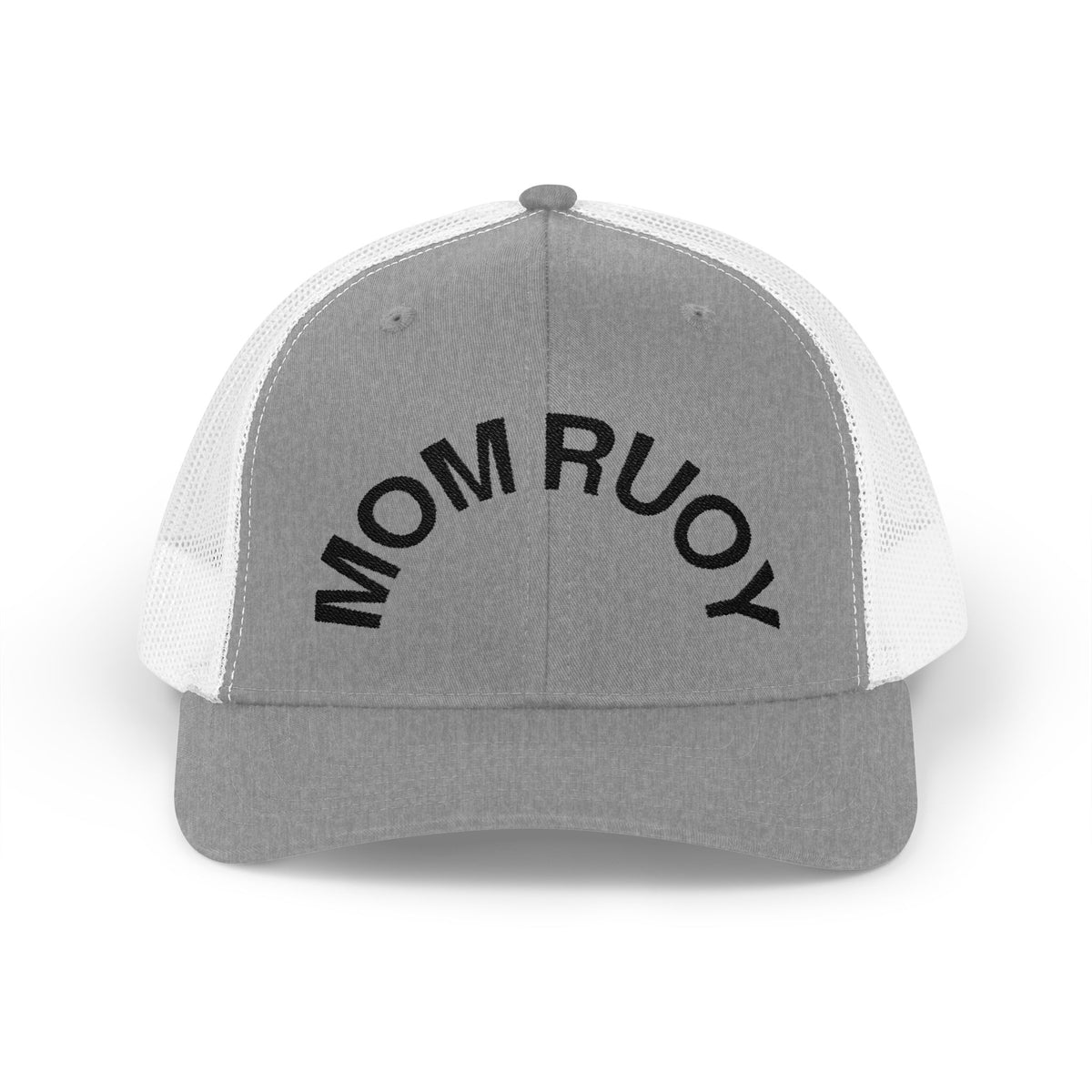 Mom Ruoy Snapback Trucker Cap — Rustic Mom Hat with Curved Text