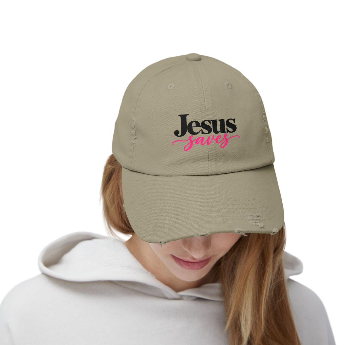 Jesus Saves Distressed Cap — Christian Baseball Hat with Pink Script