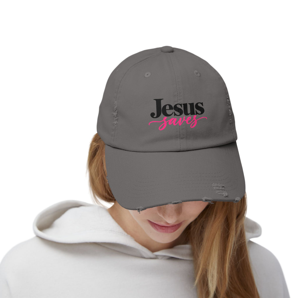 Jesus Saves Distressed Cap — Christian Baseball Hat with Pink Script