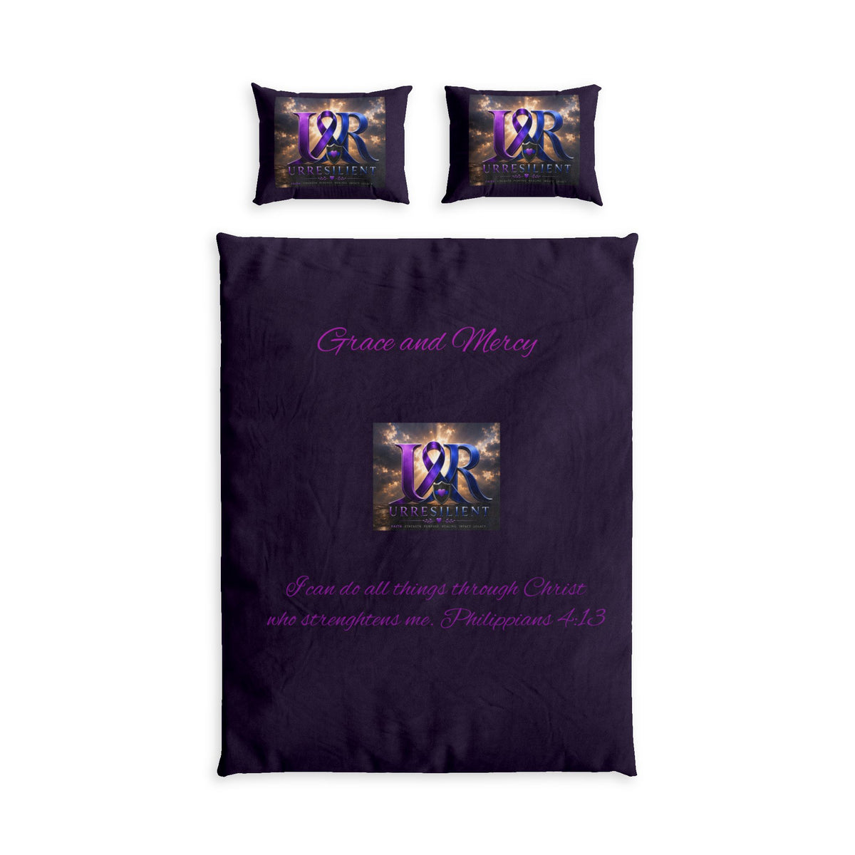 Duvet Cover Set – 'Grace and Mercy' Purple Faith Bedding with Inspirational Scripture