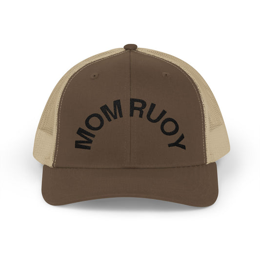Mom Ruoy Snapback Trucker Cap — Rustic Mom Hat with Curved Text