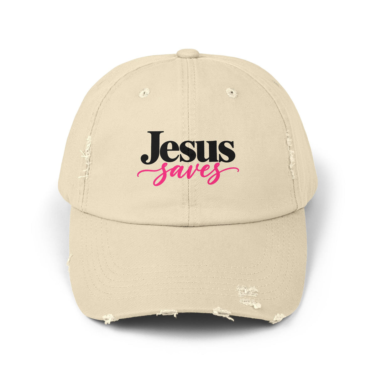 Jesus Saves Distressed Cap — Christian Baseball Hat with Pink Script