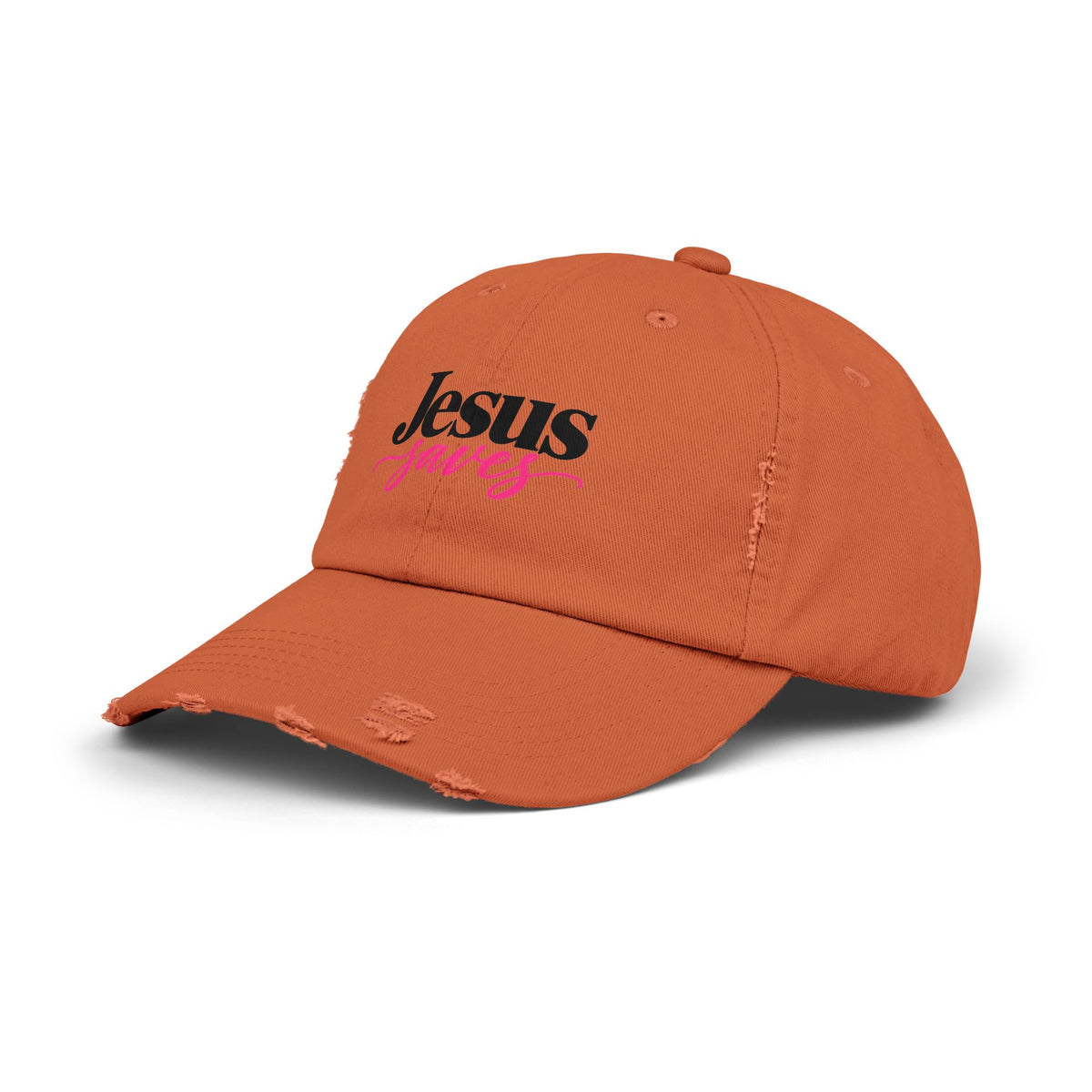 Jesus Saves Distressed Cap — Christian Baseball Hat with Pink Script