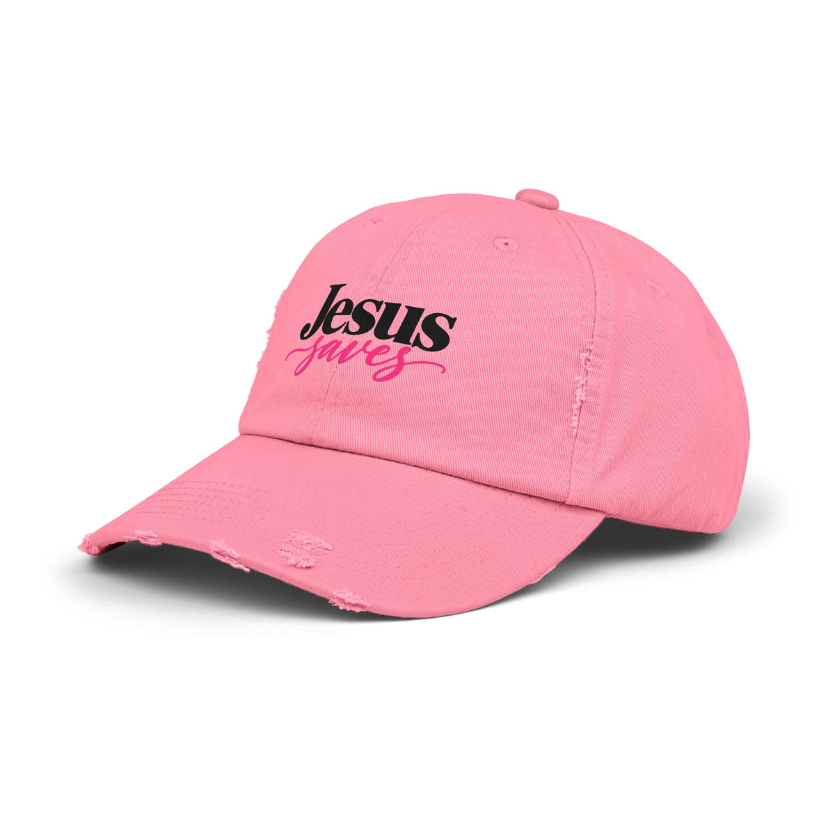 Jesus Saves Distressed Cap — Christian Baseball Hat with Pink Script
