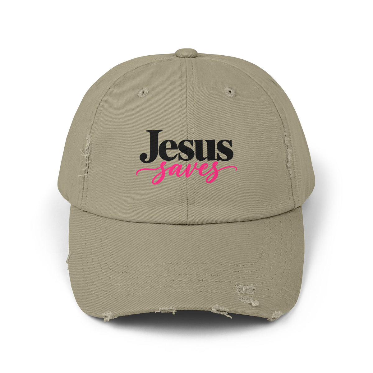 Jesus Saves Distressed Cap — Christian Baseball Hat with Pink Script