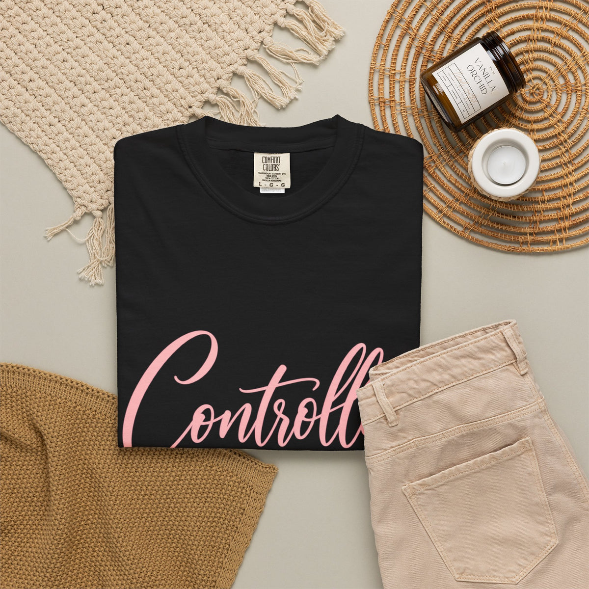 Controlled Mind T-Shirt — Feminine Script Graphic Tee with Pink Heart