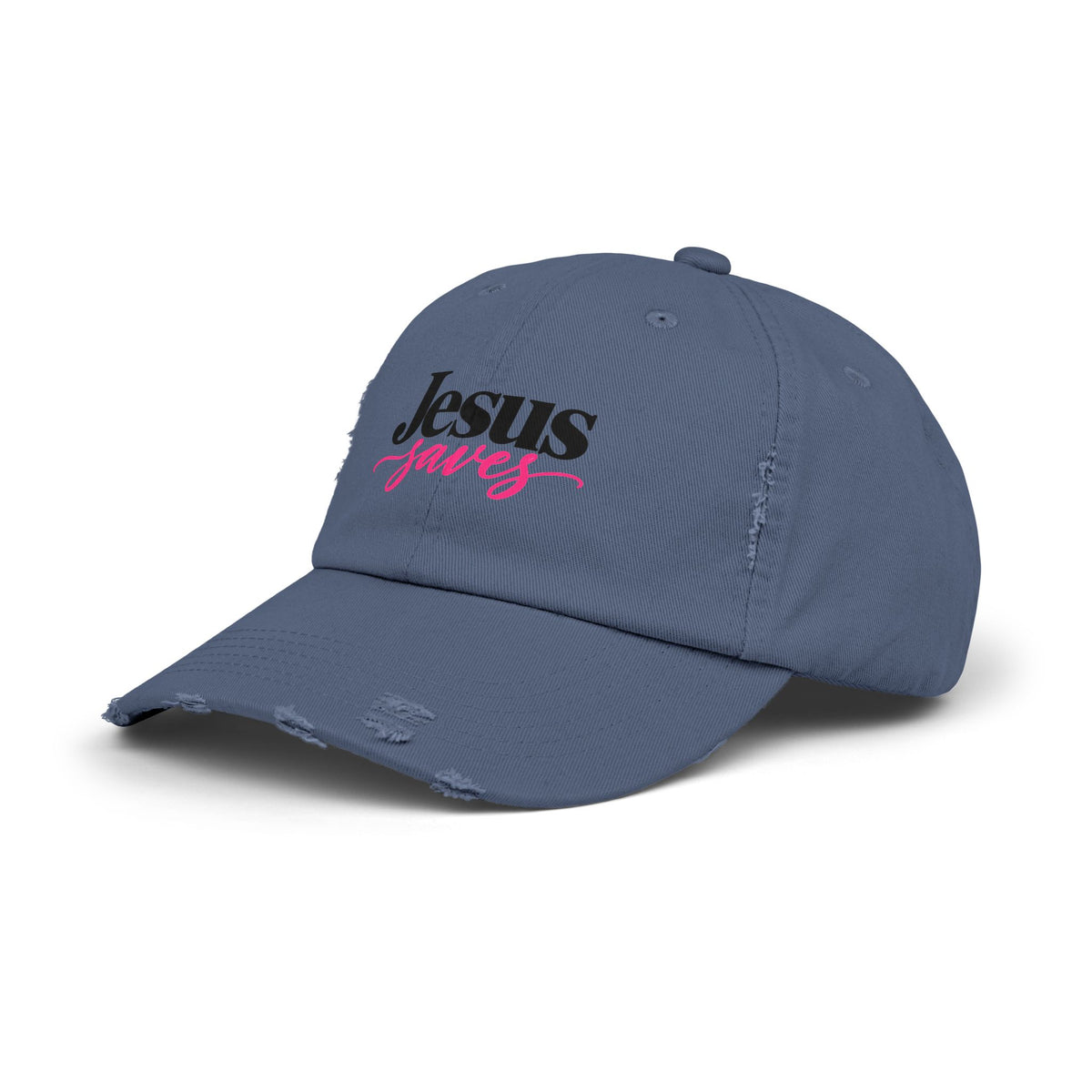 Jesus Saves Distressed Cap — Christian Baseball Hat with Pink Script