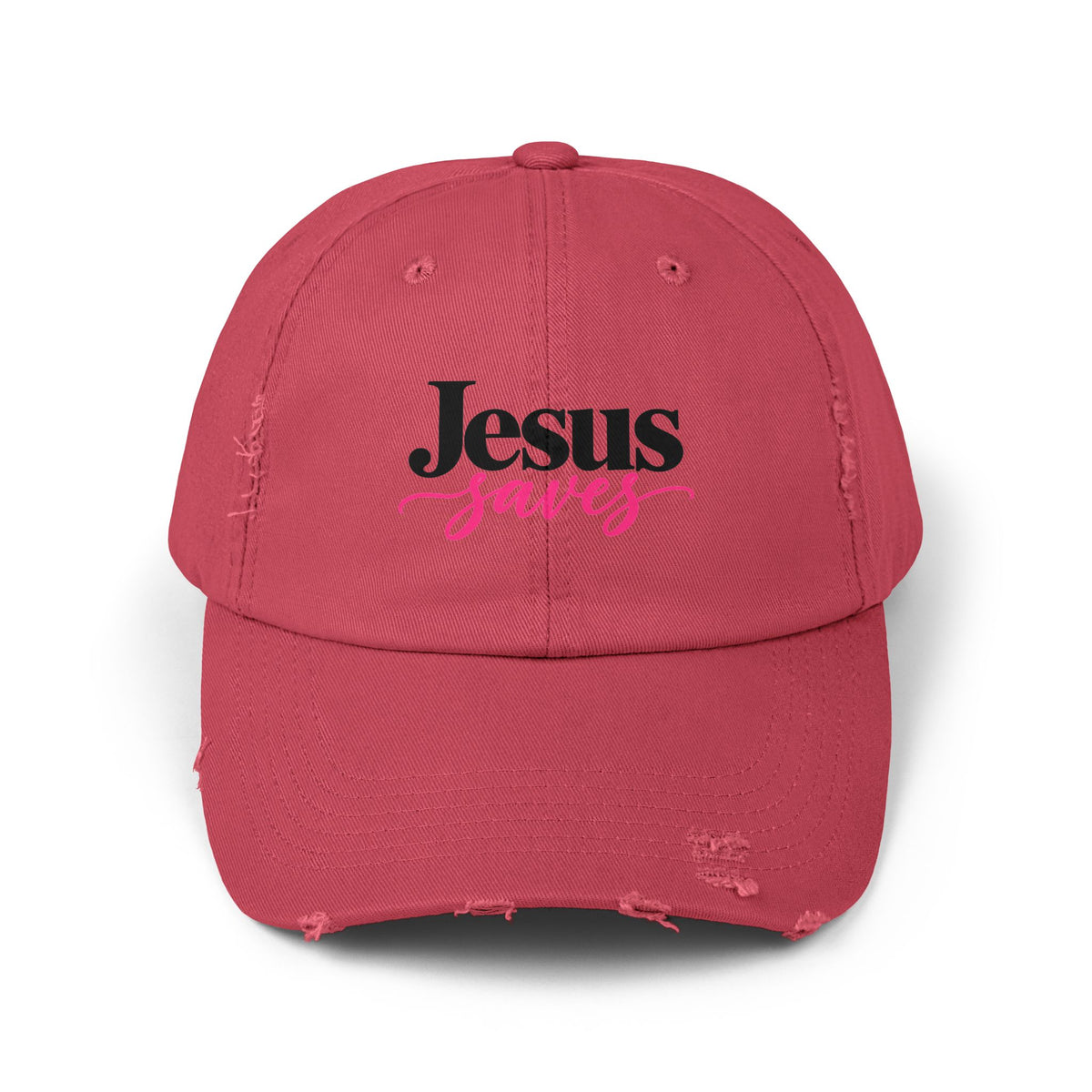 Jesus Saves Distressed Cap — Christian Baseball Hat with Pink Script