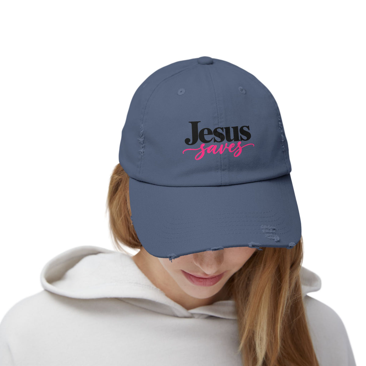 Jesus Saves Distressed Cap — Christian Baseball Hat with Pink Script