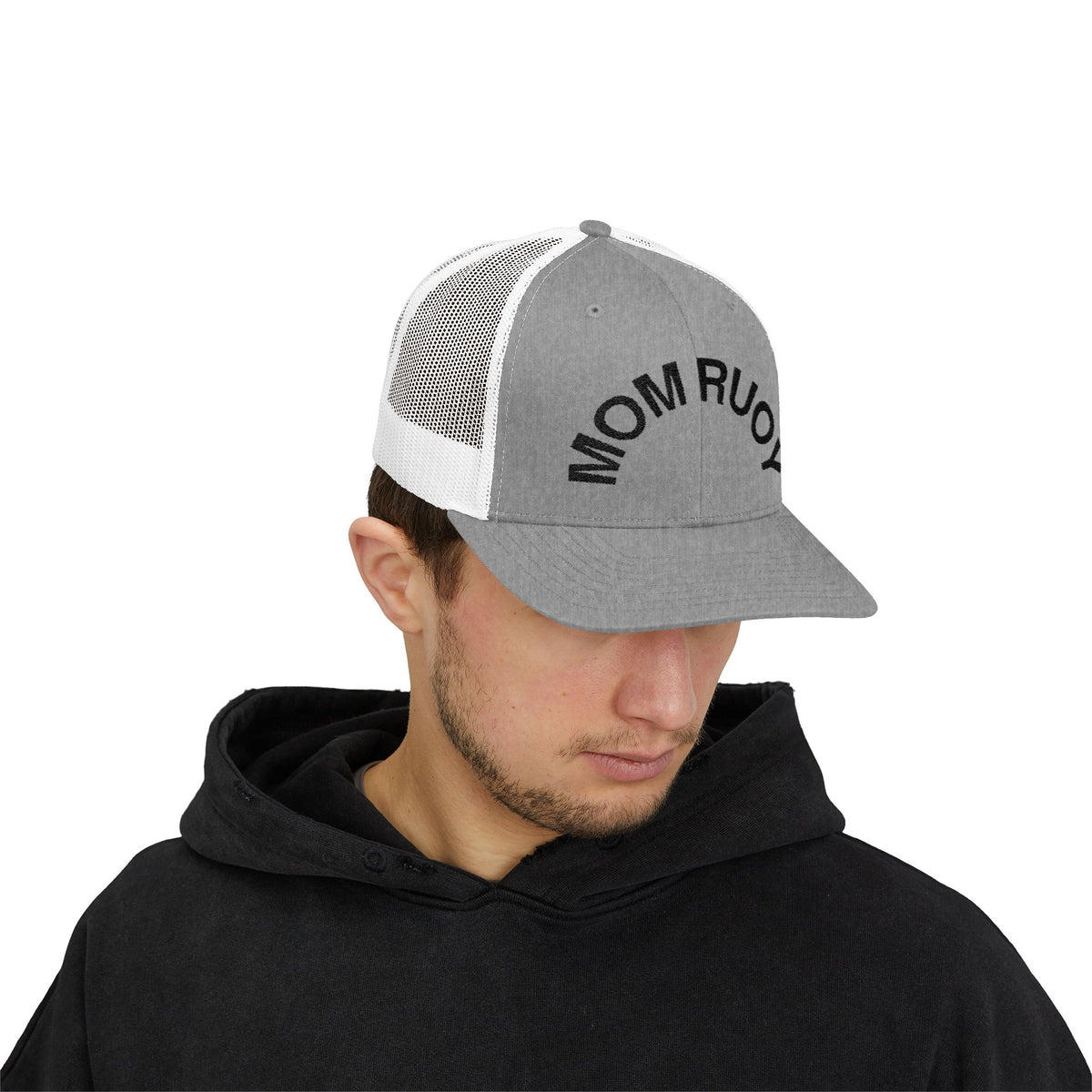 Mom Ruoy Snapback Trucker Cap — Rustic Mom Hat with Curved Text