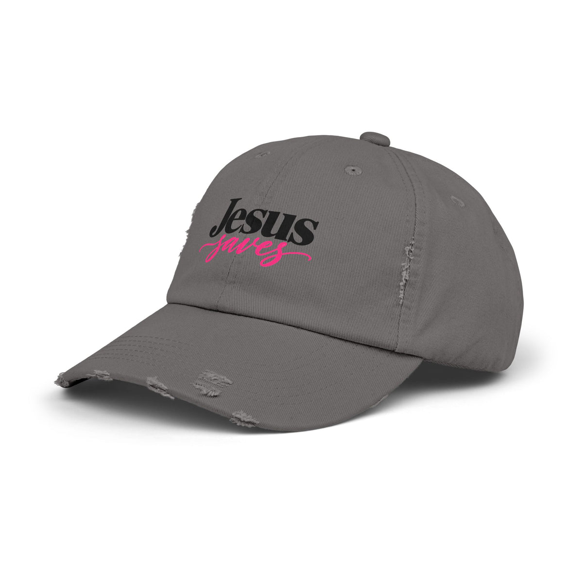 Jesus Saves Distressed Cap — Christian Baseball Hat with Pink Script