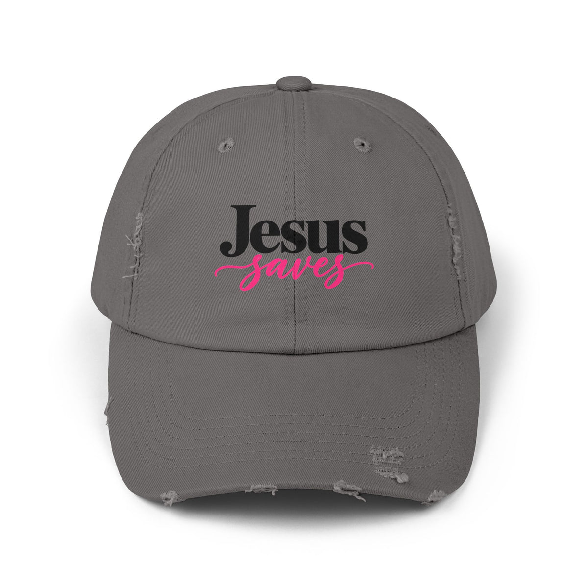 Jesus Saves Distressed Cap — Christian Baseball Hat with Pink Script