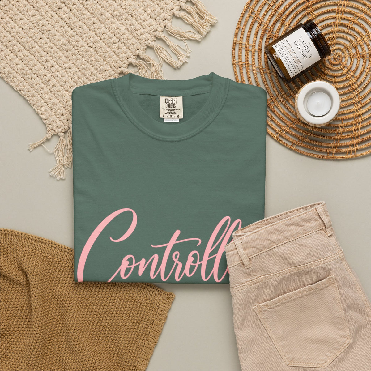 Controlled Mind T-Shirt — Feminine Script Graphic Tee with Pink Heart