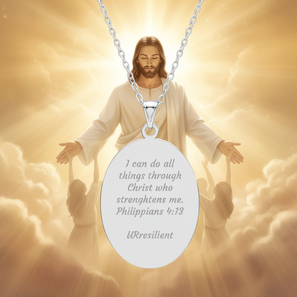 Inspirational Oval Pendant Necklace – Engraved Philippians 4:13 "I can do all things"