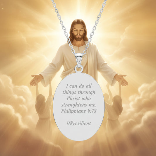 Inspirational Oval Pendant Necklace – Engraved Philippians 4:13 "I can do all things"